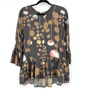 Nu Denmark Blouse Size XS Abstract Circle Bubble Print Peplum Hem Bell Sleeve